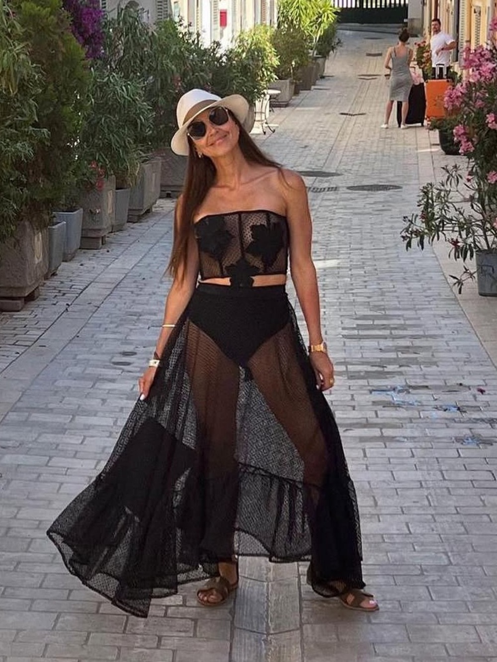 Black Sheer Mesh Two-Piece Set - Strapless Crop Top & Maxi Skirt - Picture 8 of 8